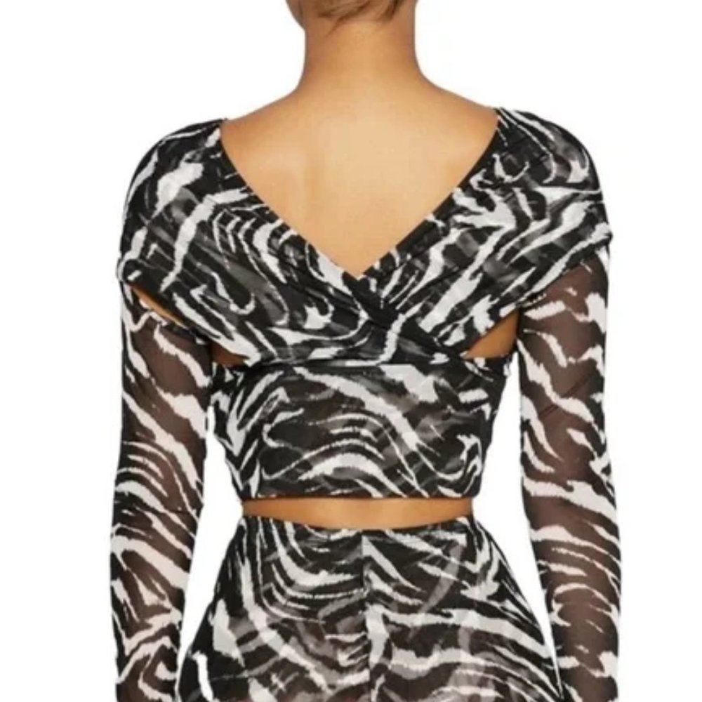 NWT NAKED WARDROBE Black & White Zebra Sheer Crop Wrap Top Long sleeve M - Picture 3 of 6